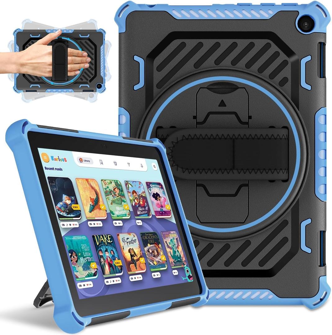 ROISKIN Case for Fire HD 8 & HD8 Plus Tablet - 360 Rotating Kickstand & Hand Strap - Kids Friendly (Blue-Black)
