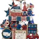 26 Pcs 4th of July Tiered Tray Decoration Patriotic USA Wood Signs Rustic America Flag Red White and Blue Tiered Tray Decorations for Memorial Day Home 250th Anniversary Birthday Party