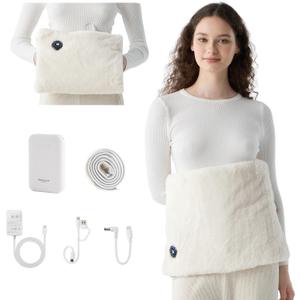 Bedsure Portable Heating Pad for Abdomen, Hands & Body - Cordless Electric Heating Warmer with 6 Heat Levels, Auto Shut-Off, 4-10H Battery Life, Faux Fur, Gift for Women & Mom, White, 12.5x19 in