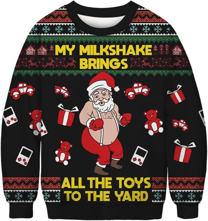Jumppmile Unisex Ugly Cute Christmas Sweatshirt Crew Neck 3D Print Xmas Pullover Sweatshirt Black Santa Gift XXL/XXXL