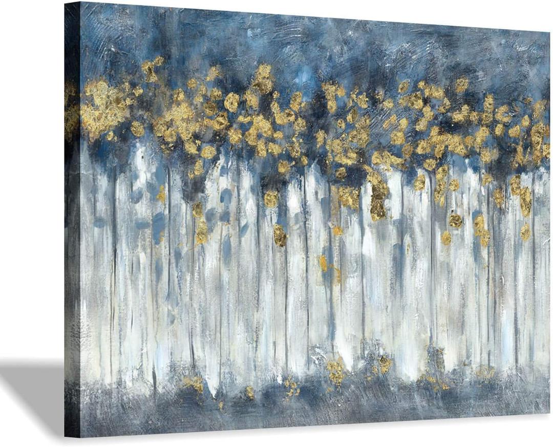 Abstract Birch Trees Picture Painting: Heavy Textured Hand Painted Blue Grey Gold Foils Canvas Artwork Wall Art for Living Room (40 x30'' x 1 Panel) (40L" x 30W", Abstract art)