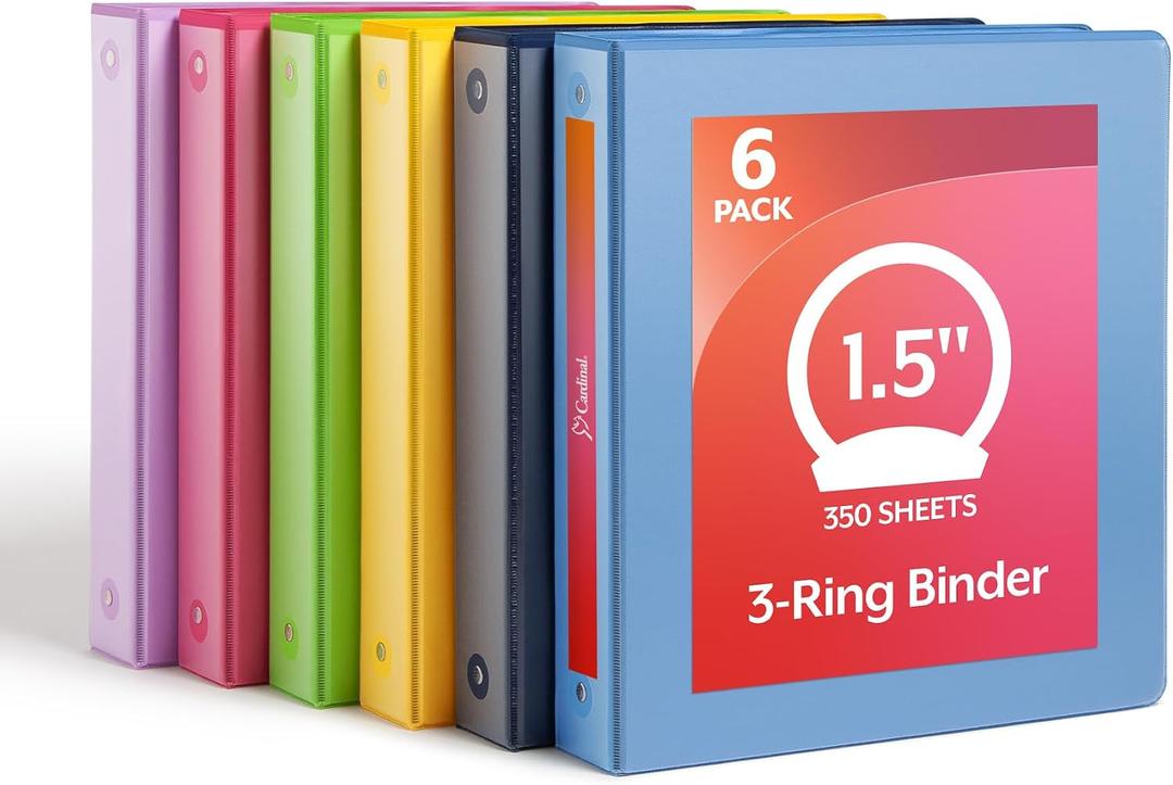 Cardinal 1.5 Inch 3 Ring Binders, 6 Pack, Assorted Colors, Holds 350 Sheets