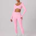 ABOCIW Workout Sets for Women Seamless Color Block Backless Long Sleeve Crop Top Scrunch Butt Lifting High Waist Leggings 2 Piece Gym Yoga Outfits Light Pink Small