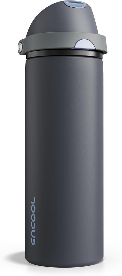 Insulated Water Bottle with Straw - Encool Stainless Steel Water Bottle with Push Button Lid, Leak-Proof & BPA-Free, Keeps Cold for 24 Hours for Sports, Travel, Gym (24 oz, Tuna Grey-Silver)