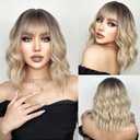 incohair 14 inch Ombre Blonde Bob Wig for Women Short Wavy Wig with Bangs Dark Roots Heat Resistant Synthetic Party Wig for Women Daily Wear Wigs
