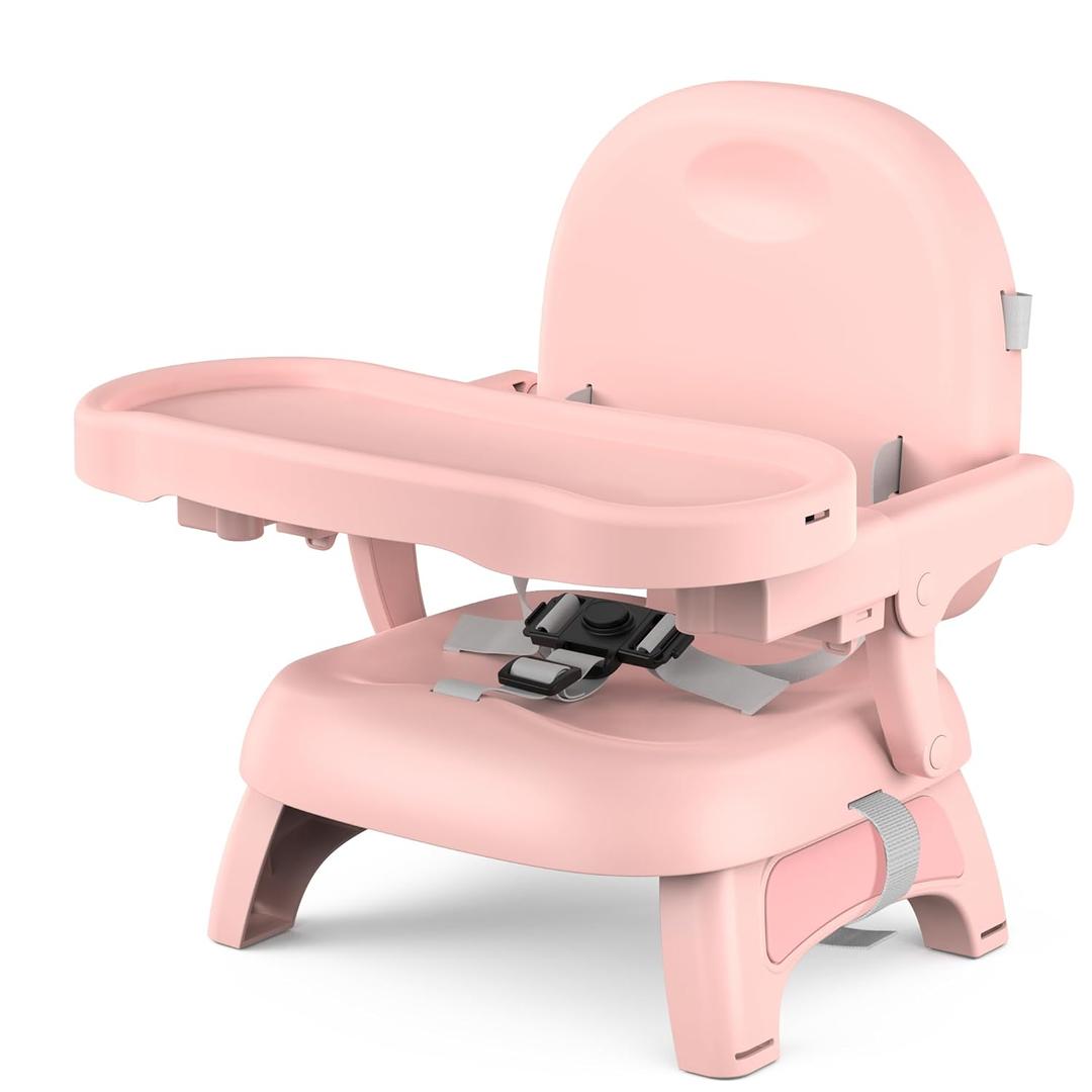 Bellas Friends 3-in-1 Toddler Booster Seat for Dining Table and Kitchen Chair with Adjustable Tray and Safety Straps, Foldable&Portable Baby Seat for Travel, Feeding, and Floor Use, Pink