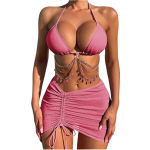 COZYEASE Women's 3 Piece Bikini Set Backless Halter Neck Triangle Chain Swimsuit Set with Beach Skirt Deep Pink, Large