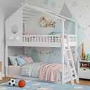 DUMOS Wood Twin Over Twin House Bunk Bed, Loft Bed with Ladder, Safety Guardrail, Wooden Slats & Window, Kids Twin Bed Frame for Teens Juniors, Freely Decorative House Roof (75.2L x 41.7W x 92.5H, White)