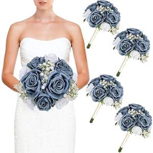 DIYDOFUN Wedding Bridesmaid Bouquets Set of 4, Artificial Silk Flowers Arrangement for Ceremony Marriage Proposal Party Anniversary Decorations - Dusty Blue