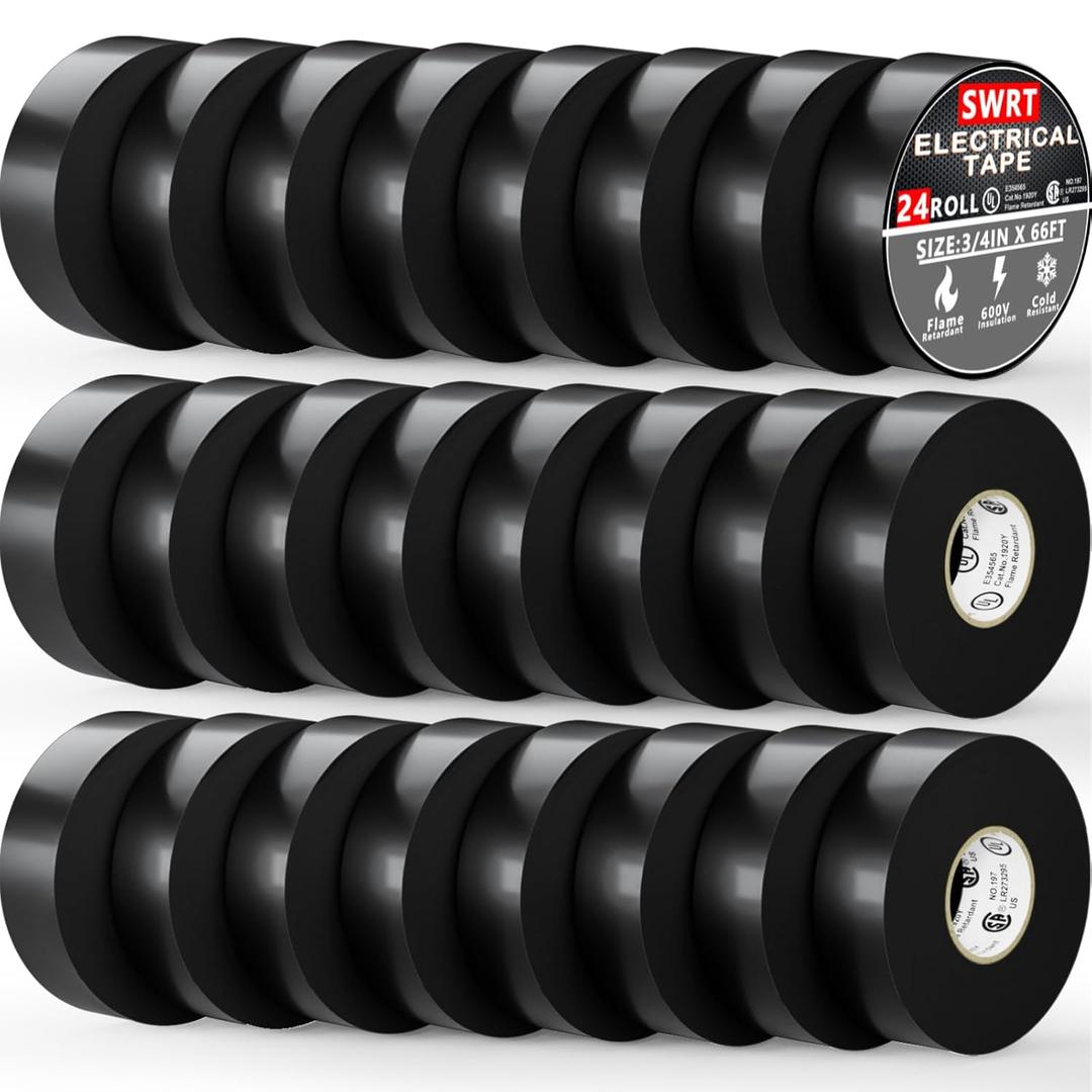 SWRT 24 Pack UL/CSA Listed Black Electrical Tape 7 mils-600V, 0.75 in x 66 FT Electric Tape Flame Retardant, Strong Adhesive, for Home DIY Electrical Repairs Professional Installations