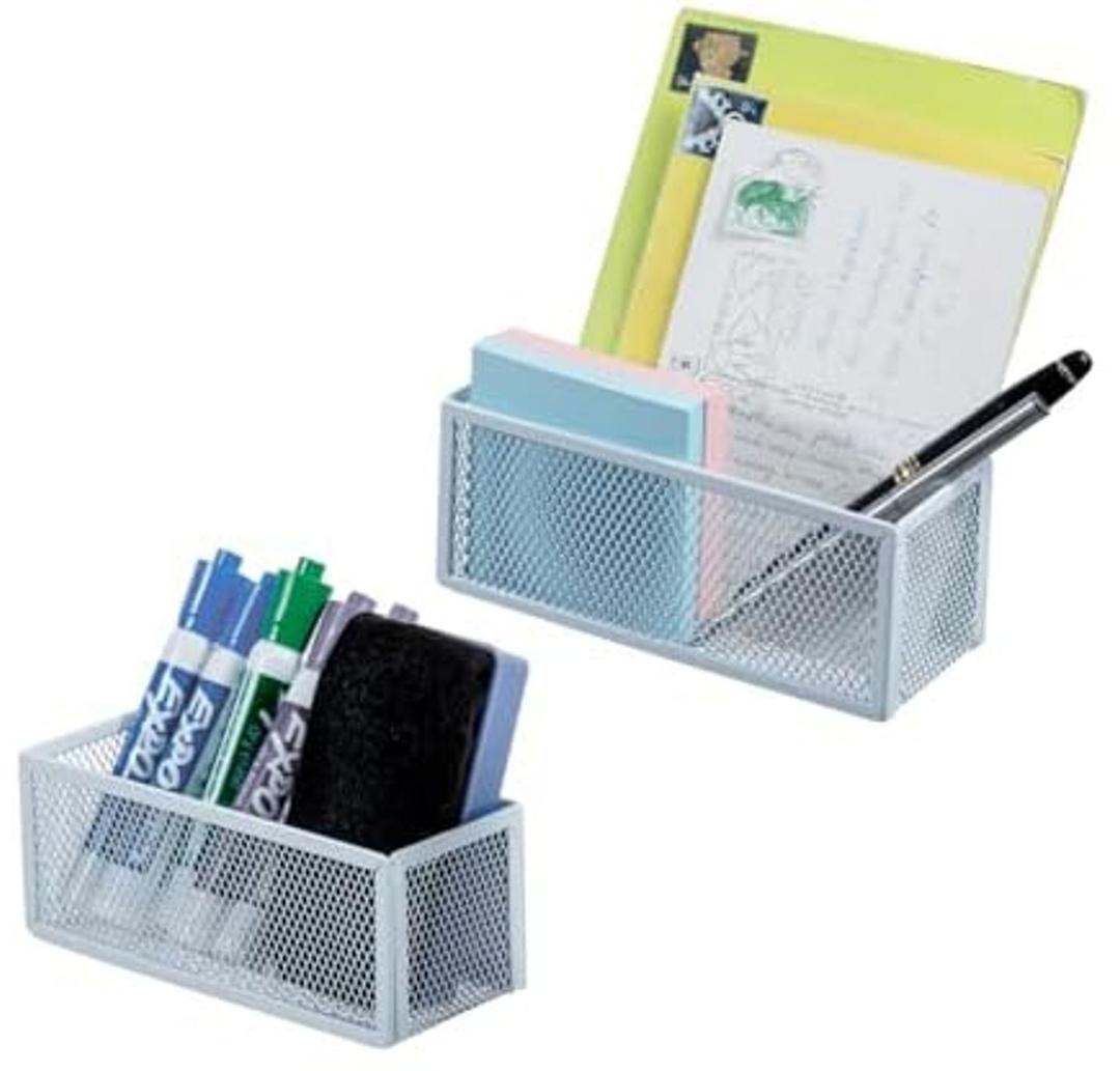 MyGift White Wire Mesh Magnetic Storage Baskets, Whiteboard Accessories, Classroom and Office Supply Organizer, Set of 2
