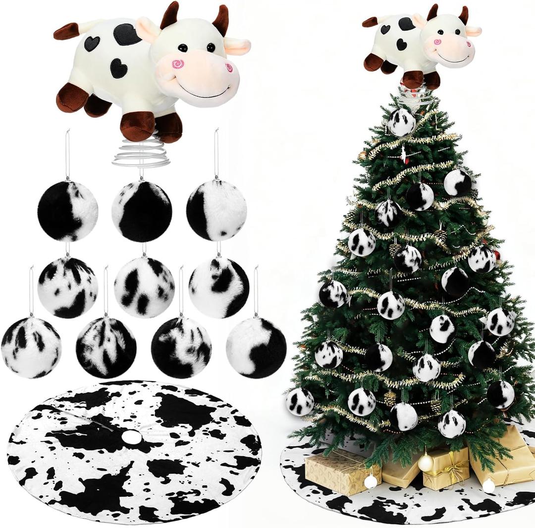 Leitee 12 Pcs Cow Christmas Tree Decoration Set Xmas Western Cowhide Tree Topper Skirt Faux Fur Plush Hanging Artificial Flowers Rustic Christmas Cow Treetop Ornaments for Farmhouse Country Holiday
