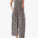 LAISHEN Wide Leg Jumpsuits for Women Dressy Casual 2024 Summer Rompers Smocked Sleeveless Floral Jumpers with Pockets, L