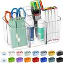 Multiuse Caddy Organizer with Handle, Portable Divided Plastic Tote Bin - Art Craft, Stationary Pen Marker Crayons, Makeup Hair Supplies Storage - Bathroom, Classroom, Dorm, Office, Desk Holder -Clear