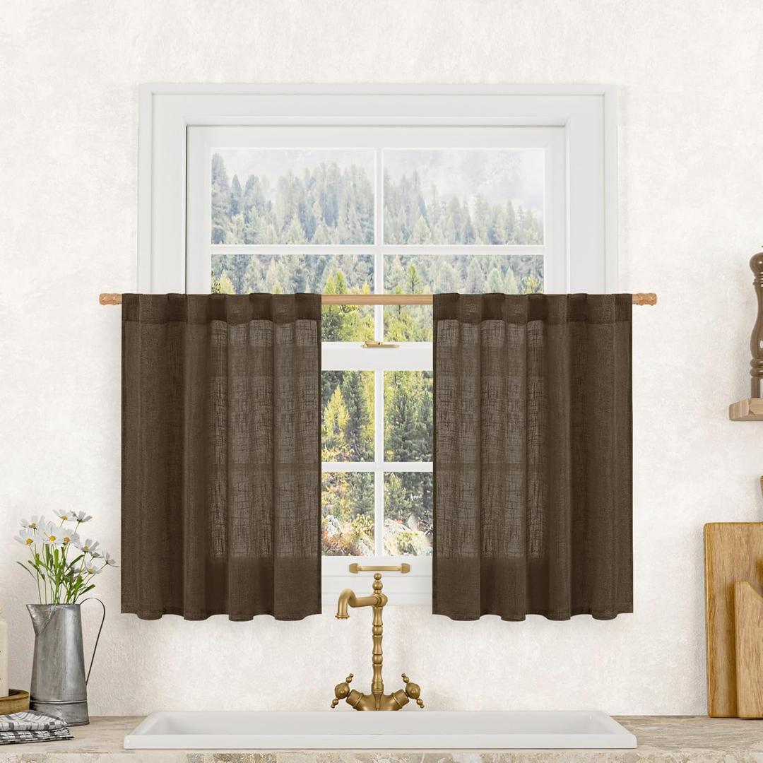 LAMIT 36 Inch Length Linen Curtains for Small Windows, Semi Sheer Light Filtering Panels Back Tab and Rod Pocket Neutral Drapes for Basement/Window/Loft Room, Dark Brown, 2 Panels, 34 x 36 Inch
