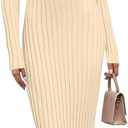 MEROKEETY Women's Fall Long Sleeve Sweater Dress Casual Ribbed Knit Slim Fit Bodycon Maxi Dresses (Beige, L)