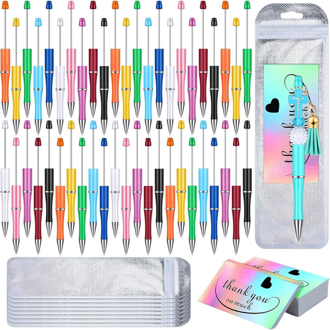 Yeaqee 150 Pieces Beadable Pens Kit 50 Pieces Colors Plastic Beaded Ballpoint Pens Bulk 50 Foil Thank You Cards with 50 Resealable Packaging Bags for School DIY Making Gift(Bright Style)