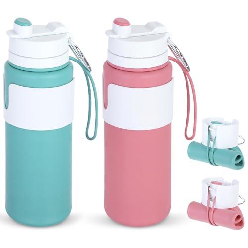 LemonRoad 2 Pcs 26 oz Silicone Collapsible Water Bottle, Portable Foldable Water Bottle Leakproof with Carabiner Reuseable Lightweight for Travel Sports Hiking Camping Cycling Office (Green,Pink)