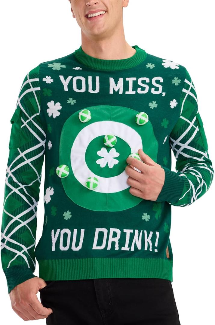 Tipsy Elves St. Patricks Day Game Sweater - Funny Interactive Party Pullover with Toss Game (Green, XXXL)