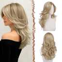 FESHFEN Dirty Blonde Wavy Layered Wig with Curtain Bangs for Women, 20 Inch Long Synthetic Natural Looking Middle Part Hair Wig For Costume Party Daily Use