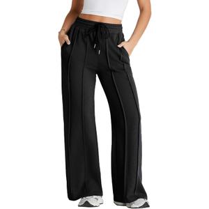 Herseas Women's Sweatpants Drawstring Waist Loose Straight Wide Leg Palazzo Pants 2025 Winter Casual Lounge Pant Black XX-Large 18 20