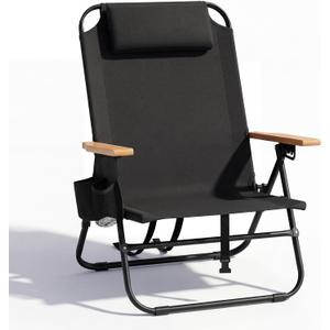 Cansky Portable Beach Chair for Adults, Outdoor Lightweight Camping Chair with Wooden Desgin Armrests, 5-Position Reclining Flat Lay, Cup Holder, Zipper Pouch, Backpack Design, No Towel Rack, Black