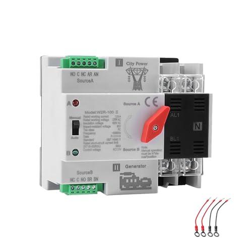Mini ATS Automatic/Manual Transfer Switch 2P 125A AC220V, 2POLE 125amps ATS Dual Power Transfer Switch for Home Generator, Din Rail Mounted 220V Manual Transfer Switches Fast Transfer