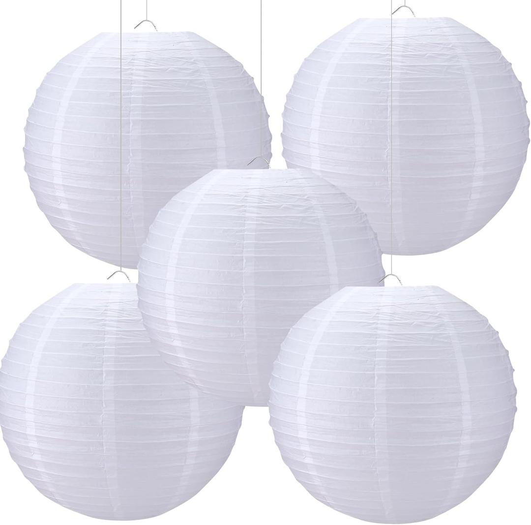 Glooglitter 5 Pcs 20 Inch Large White Paper Lanterns Gaint Chinese Moon Round Paper Lamp Japanese Jumbo Hanging Lanterns for Wedding Graduation Bridal Shower Birthday Party Supplies Decoration