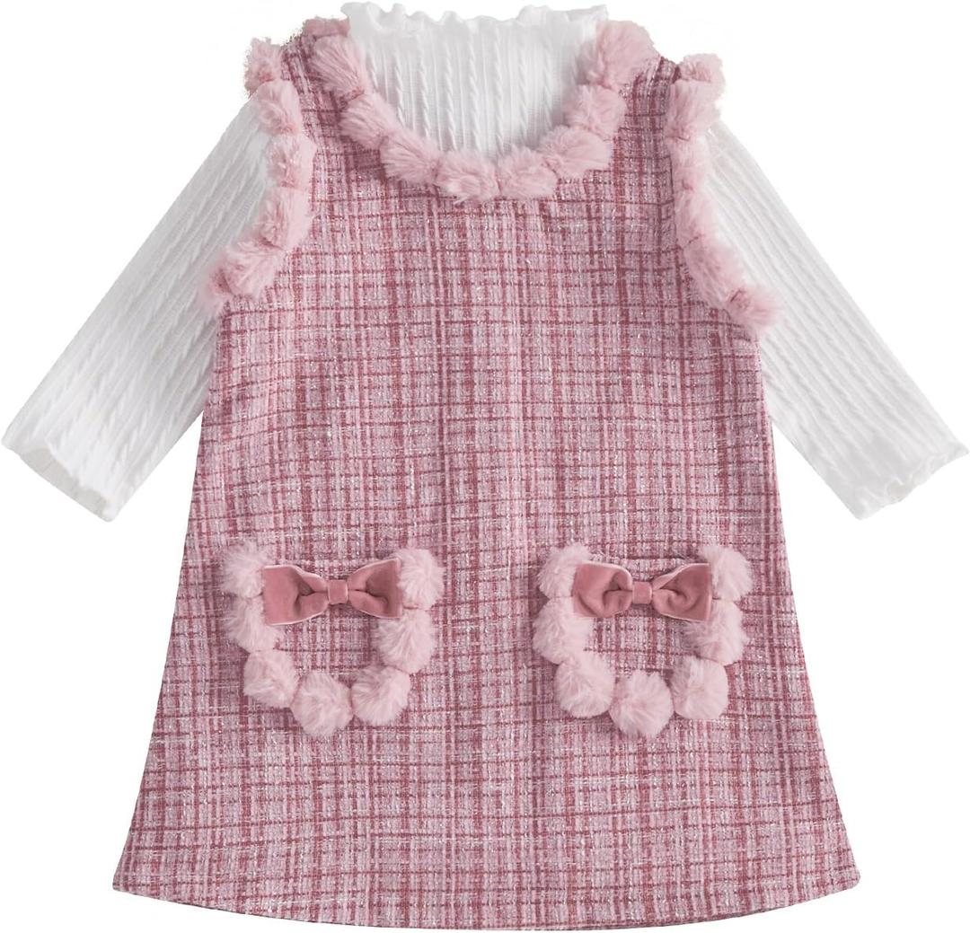 2PCS Toddler Baby Girl Mock Neck Long Sleeve Sweater + Zipper Sleeveless Tweed Straight Dress Sets (4-5 Years, White Pink)