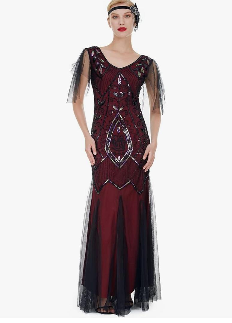 1920s Art Deco Sequin Maxi Dress, Vintage Flapper Gatsby Style, V-Neck with Tulle Sleeves, Long Evening Formal Gown, Medium, Burgundy 