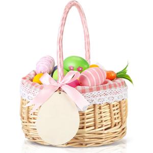 Easter Egg Basket Wicker Picnic Basket Tote Bags with Name Tag Wooden Egg Easter Candy Storage Wine Basket with Handle Gathering Wedding Gift Baskets for Party Supplies(Pink)