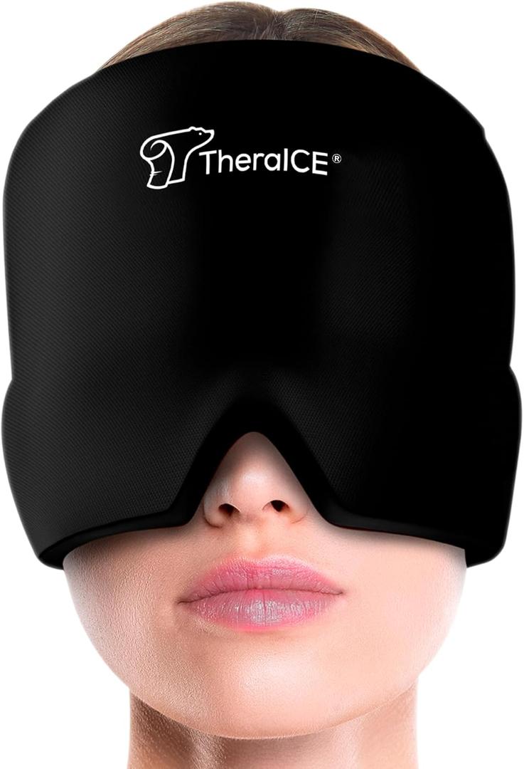 TheraICE Migraine Relief Cap | Soothing Headache Hat Ice Pack Mask | Face Cold Compress Cooling Gel Head Wrap Products for her Sinus Tension Stress Hangover & Puffy Eyes | Great Birthday Gift for Mom (One Size, Black)
