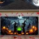 Lighted Witch Halloween Garage Door Decorations Banner - 7 x 16 ft Halloween Garage Door Cover with LED Light Strap, Large Hanging Backdrop for Home Outdoor Spooky Party Yard Decor