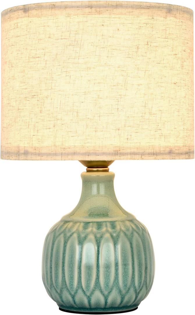 Green Ceramic Small Table Lamp for Small Space, Vintage Table Lamp Mid Century Modern Ceramic Lamps for Living Room, Bedside Nightstand Lamps, Classic Glass Lamp for Home