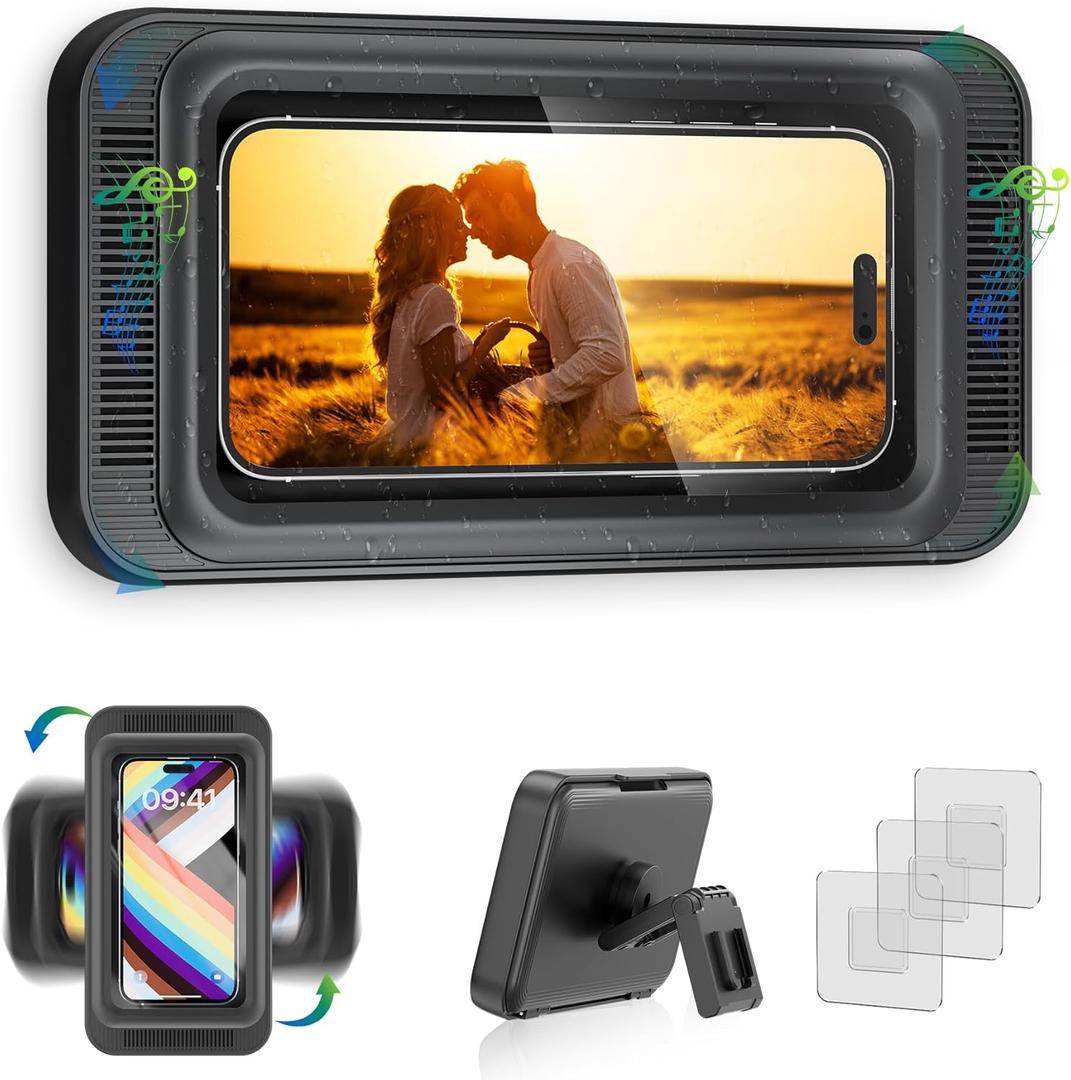 Upgraded Shower Phone Mount Waterproof with Speaker Hole Touch Screen Shower Phone Stand Holder for Bathroom Bathtub Kitchen Wall Mirror for iPhone 16 15 14 13 12 11 Pro XS XR Max (Black)