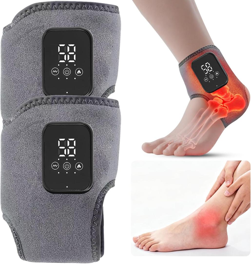 Cordless Ankle Heating Pad, Foot, Ankle Massager for Pain Relief & Circulation, 3 Levels of Heat and Vibration Adjustable, Smart Timer, Touch Screen, Suitable for Neuropathy & Tendonitis. (2Pcs)