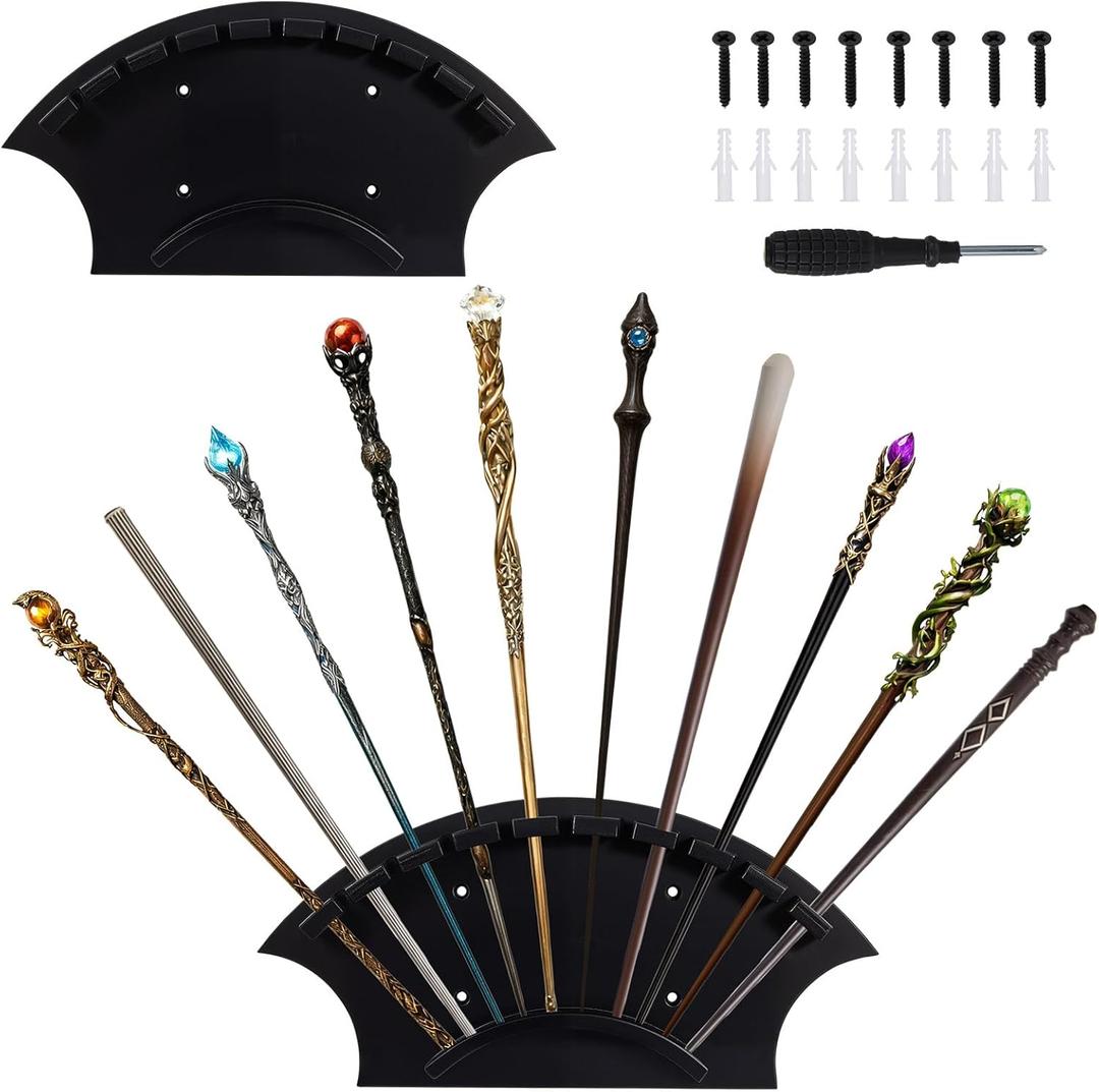 2 Pcs Wand Holders Wall Mount for 10 Wands, Wood Magic Wand Display Stand Holder, Black Wall Mounted Bracket Rack Decor for Collectors and Enthusiasts, Living Room, Bedroom and Office