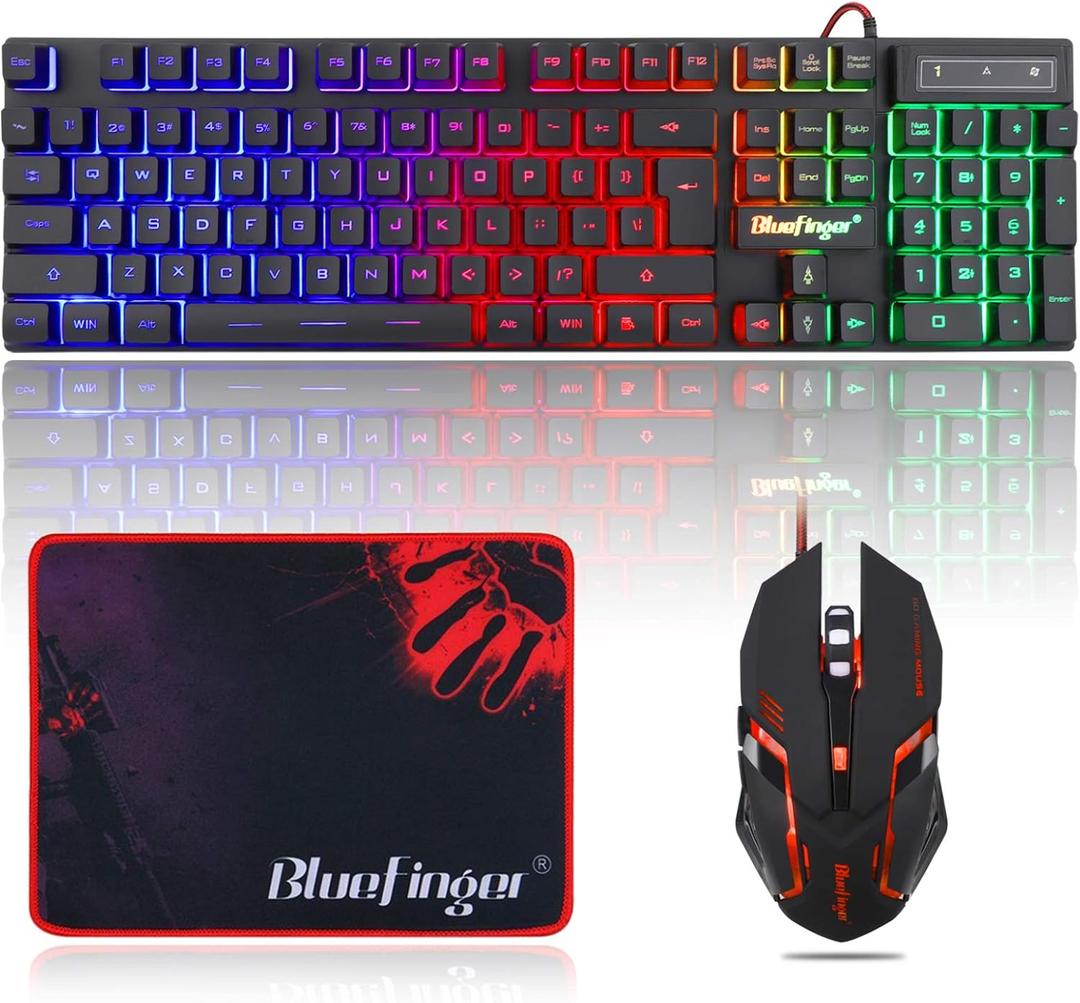 BlueFinger RGB Gaming Keyboard and Backlit Mouse Combo, USB Wired, LED Gaming Set for Laptop PC Computer Game and Work (Black)