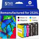 Remanufactured for 252XL Ink Cartridge Replacement for Epson 252XL Ink Cartridges for Workforce WF-3640 WF-3630 WF-3620 WF-7620 WF-7710 WF-7720 Printer (Black Cyan Magenta Yellow,5-Pack)