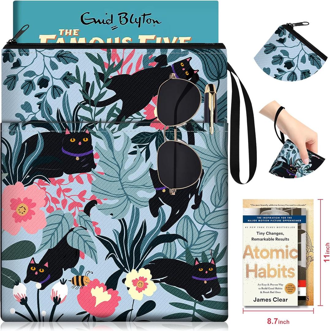 Slohif Book Sleeve Pouch Book Cover Protector with Zipper Cute Cat Flower Book Beau Booksleeve Pouches for Paperback HardBook Cover Reading Accessories Item for Students Women Readers