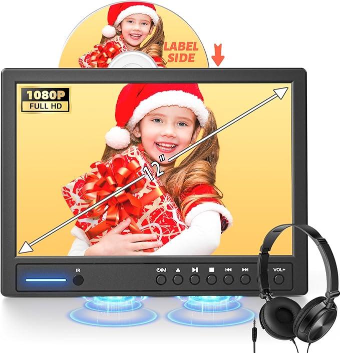 12" Portable DVD Player for Car with Headphone | Car DVD Player with Headrest Mount, Suction-Type Disc in,Support HDMI Input, AV in/Out,1080P Video, USB/SD Card Reader
