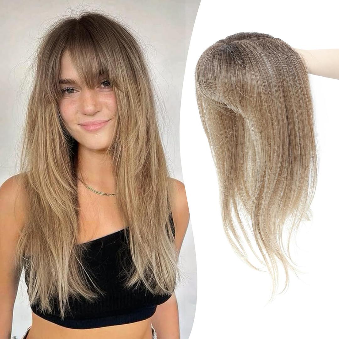 Ms Taj 18 Inch Hair Topper with Clip in Bangs, Synthetic Fluffy 4"x5" Layered Straight Toppers for Women, 360 3D Cover Bangs Hairpiece for Thinning Hair(Natural Blonde with Dark Root)