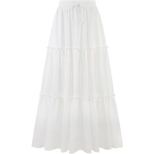 Arolina Women's Summer Maxi Skirt Trendy High Waist Pleated Ruffle Long Skirts Flowy Beach Boho Skirt Dress with Pockets (White, M)