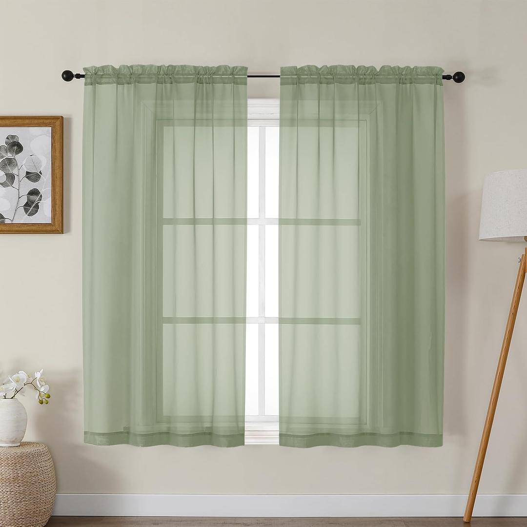 Gwine Sage Green Sheer Curtains for Bedroom 54 inches Long 2 Panels, Light Filtering Voile Rod Pocket Curtains, Airy Transparent Sheer Drapes for Living Room, Each 42" Wx54 L