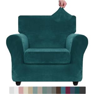 ZNSAYOTX Luxury Velvet Chair Slipcovers with Arms 2 Piece Stretch Chair Covers for Living Room Soft Armchair Slipcover Anti Slip Dog Pet Friendly Furniture Protector (Deep Teal),30"-47"(1 Cushion), Deep Teal/Blackish Green