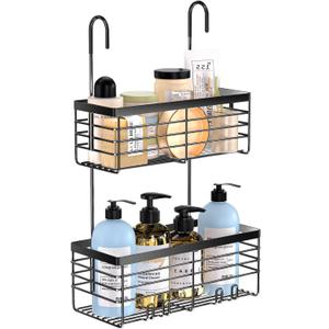 YUOROS Hanging Shower Caddy, 2 Tier Over the Door Shower Organizer Rack Organizer Stainless Steel Rustproof (Black)