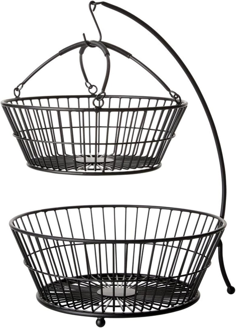 Gourmet Basics by Mikasa Tully 2-Tier Iron Storage Basket with Banana Hanger, Breathable Basket Organizer for Fruits, Vegetables, Snacks - Modern & Decorative Fruit Bowl, 12"x17" (Black)