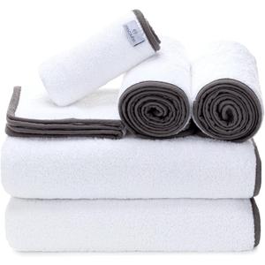 Macouba Bath Towels for Bathroom - Towel Set - White Towels with Grey Trim - Luxury Bath Towels Set of 6, Bathroom Towels, Bath Towel Set, 2 Bath, 2 Hand 2 Face