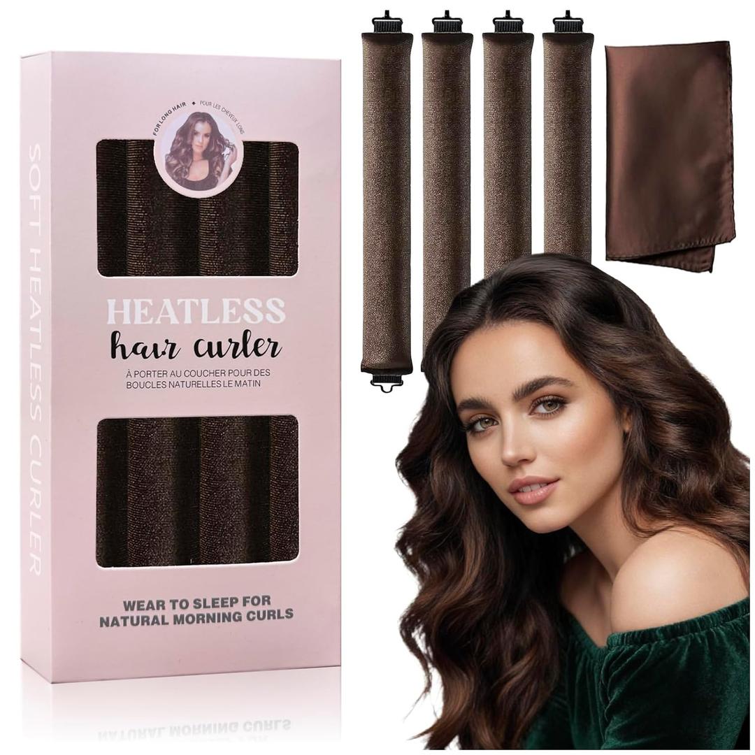 Heatless Hair Curlers Overnight Set, Foam Flexi Rods with Satin Scarf, Comfortable Sleeping Curlers for Natural Waves, No-Heat Styling Tool for Long & Medium Hair, Brown