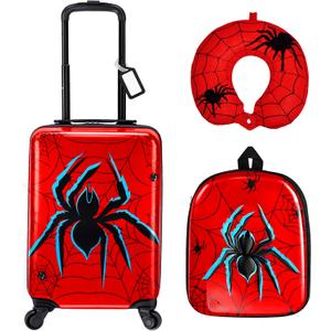 Sanwuta Luggage Sets, 4 Pack, 16 Inch Carry on Rolling Suitcase Backpack Neck Pillow Travel Set Gift for Kids Boys Girls(Spider)